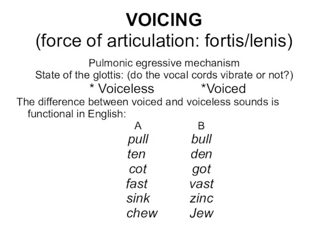 VOICING (force of articulation: fortis/lenis) Pulmonic egressive mechanism State of the