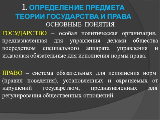 1. ОПРЕДЕЛЕНИЕ ПРЕДМЕТА ТЕОРИИ ГОСУДАРСТВА И ПРАВА ОСНОВНЫЕ ПОНЯТИЯ ГОСУДАРСТВО –