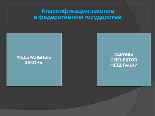 Классификация законов в федеративном государстве ФЕДЕРАЛЬНЫЕ ЗАКОНЫ ЗАКОНЫ СУБЪЕКТОВ ФЕДЕРАЦИИ