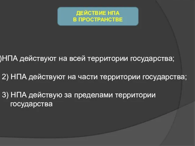 ДЕЙСТВИЕ НПА В ПРОСТРАНСТВЕ НПА действуют на всей территории государства; 2)