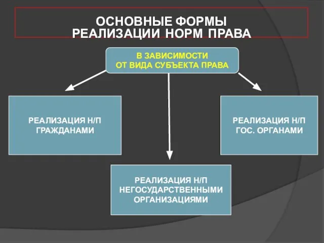 ОСНОВНЫЕ ФОРМЫ РЕАЛИЗАЦИИ НОРМ ПРАВА В ЗАВИСИМОСТИ ОТ ВИДА СУБЪЕКТА ПРАВА