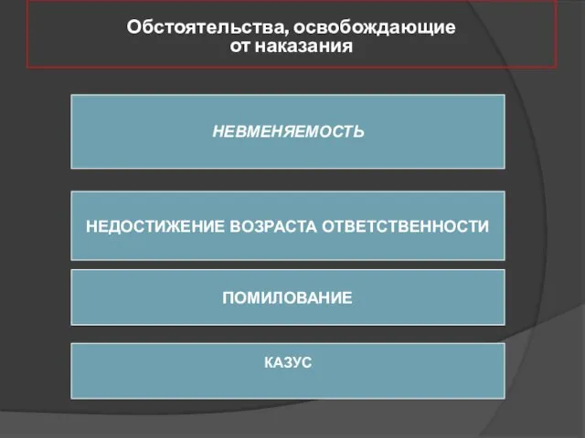 Обстоятельства, освобождающие от наказания НЕВМЕНЯЕМОСТЬ НЕДОСТИЖЕНИЕ ВОЗРАСТА ОТВЕТСТВЕННОСТИ ПОМИЛОВАНИЕ КАЗУС