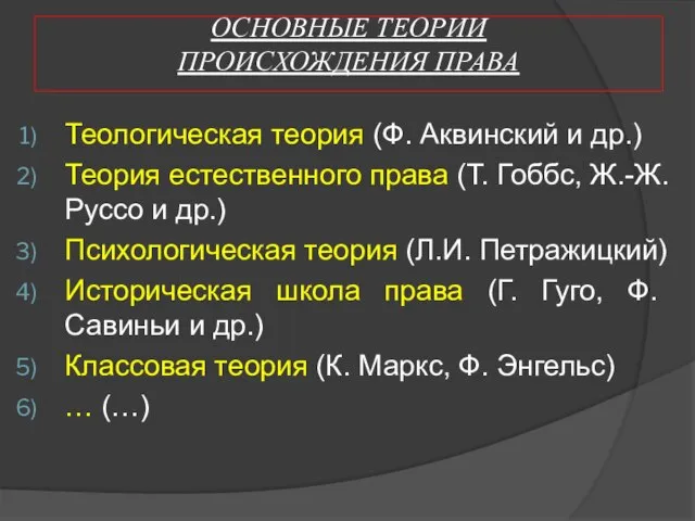 ОСНОВНЫЕ ТЕОРИИ ПРОИСХОЖДЕНИЯ ПРАВА Теологическая теория (Ф. Аквинский и др.) Теория