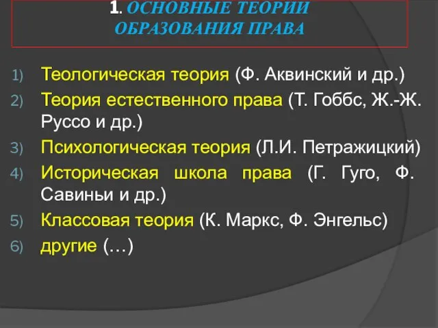 1. ОСНОВНЫЕ ТЕОРИИ ОБРАЗОВАНИЯ ПРАВА Теологическая теория (Ф. Аквинский и др.)