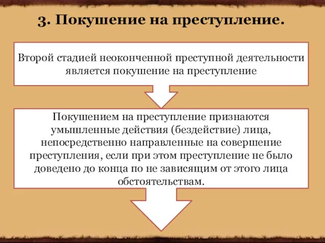 3. Покушение на преступление. Второй стадией неоконченной преступной деятельности является покушение