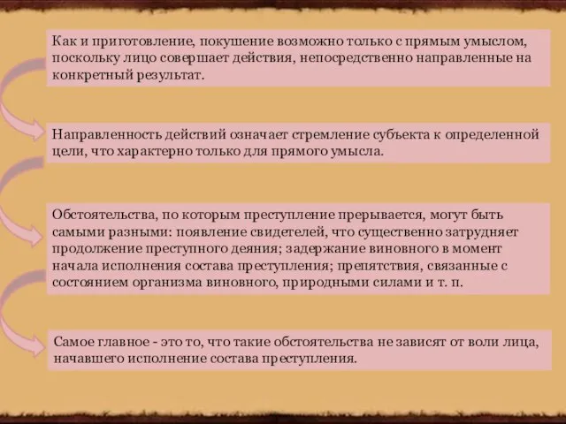 Как и приготовление, покушение возможно только с прямым умыслом, поскольку лицо