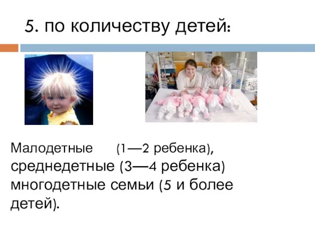 5. по количеству детей: Малодетные (1—2 ребенка), среднедетные (3—4 ребенка) многодетные семьи (5 и более детей).