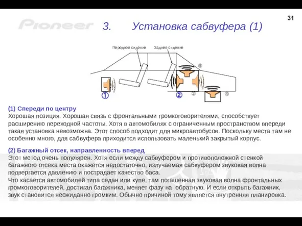 Установка сабвуфера (1) ① ② ③ ⑤ (1) Спереди по центру