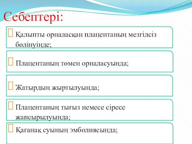 Себептері: Қалыпты орналасқан плацентаның мезгілсіз бөлінуінде; Плацентаның төмен орналасуында; Жатырдың жыртылуында;