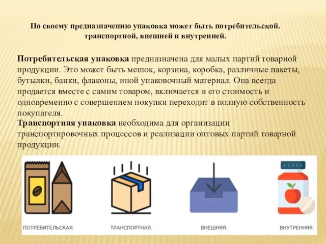 По своему предназначению упаковка может быть потребительской. транспортной, внешней и внутренней.