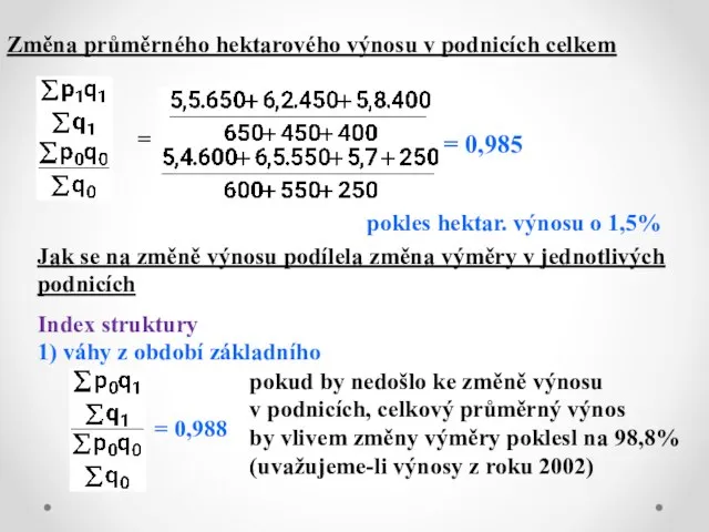 Změna průměrného hektarového výnosu v podnicích celkem = = 0,985 pokles