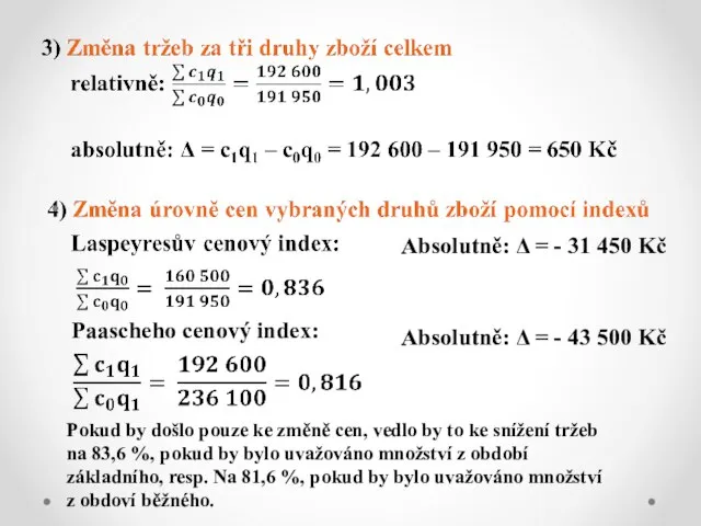 Absolutně: Δ = - 31 450 Kč Paascheho cenový index: Absolutně: