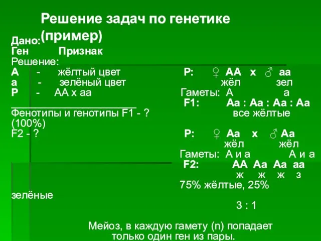 Дано: Ген Признак Решение: А - жёлтый цвет Р: ♀ АА