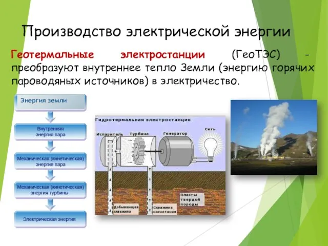 Производство электрической энергии Геотермальные электростанции (ГеоТЭС) - преобразуют внутреннее тепло Земли