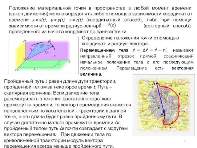 Положение материальной точки в пространстве в любой момент времени (закон движения)