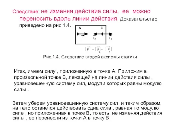 Рис.1.4. Следствие второй аксиомы статики Следствие: не изменяя действие силы, ее