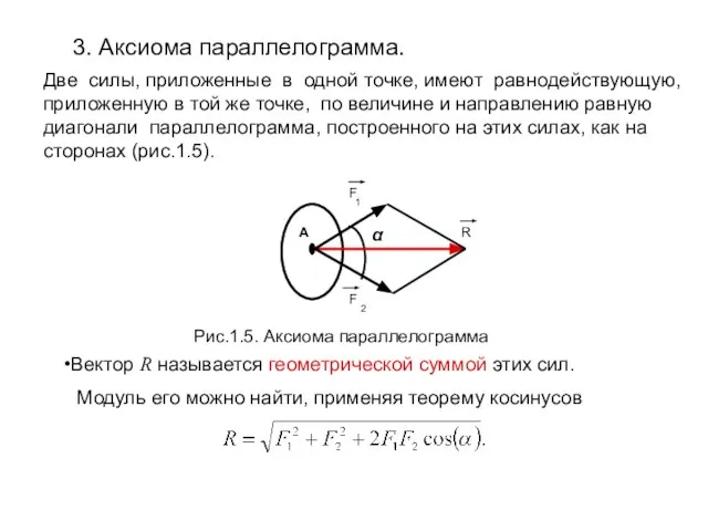 3. Аксиома параллелограмма. Рис.1.5. Аксиома параллелограмма Вектор R называется геометрической суммой