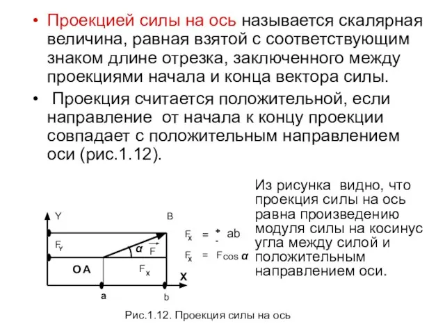 Проекцией силы на ось называется скалярная величина, равная взятой с соответствующим