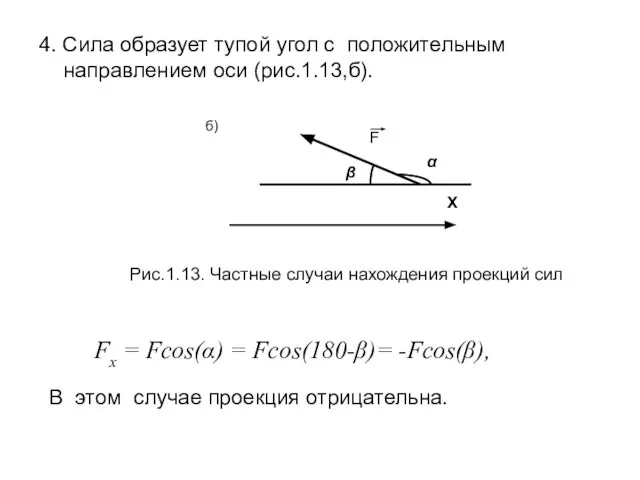 4. Сила образует тупой угол с положительным направлением оси (рис.1.13,б). Рис.1.13.