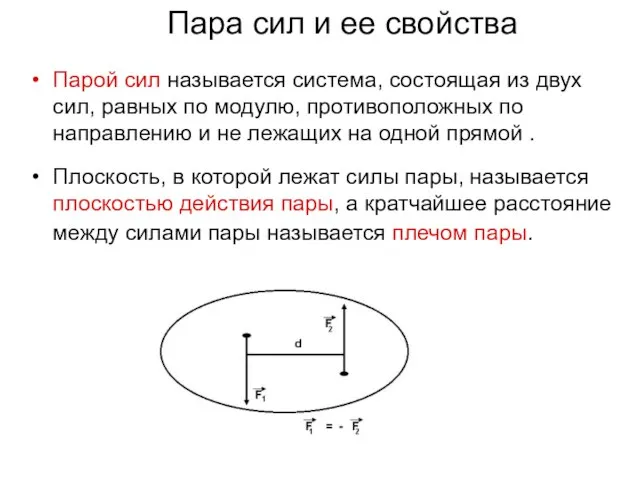 Пара сил и ее свойства Парой сил называется система, состоящая из