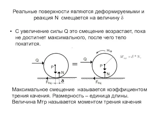 Реальные поверхности являются деформируемыми и реакция N смещается на величину δ