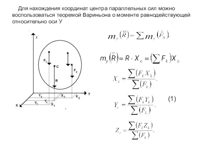 Для нахождения координат центра параллельных сил можно воспользоваться теоремой Вариньона о