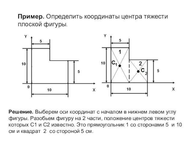Пример. Определить координаты центра тяжести плоской фигуры. Решение. Выберем оси координат
