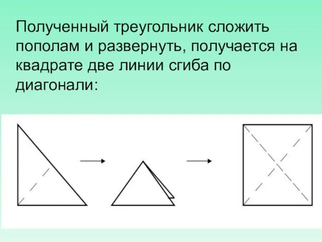 Полученный треугольник сложить пополам и развернуть, получается на квадрате две линии сгиба по диагонали: