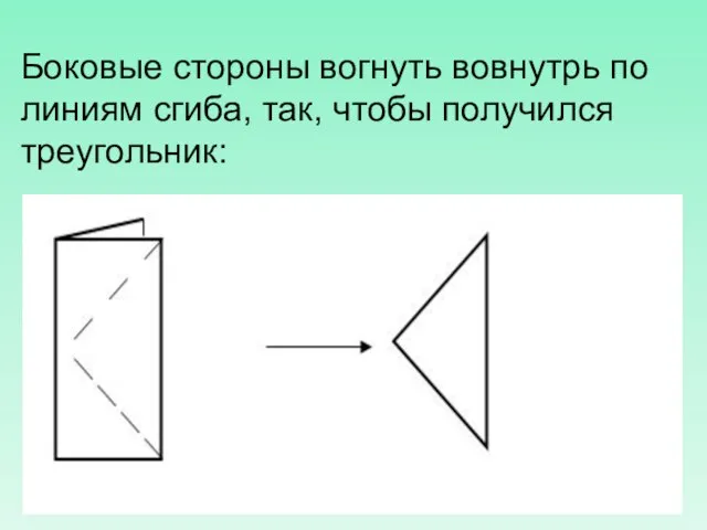 Боковые стороны вогнуть вовнутрь по линиям сгиба, так, чтобы получился треугольник: