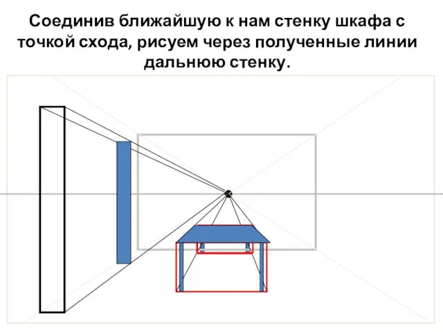 Соединив ближайшую к нам стенку шкафа с точкой схода, рисуем через полученные линии дальнюю стенку.