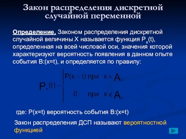 Закон распределения дискретной случайной переменной Определение. Законом распределения дискретной случайной величины