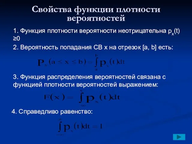 Свойства функции плотности вероятностей 1. Функция плотности вероятности неотрицательна px(t)≥0 2.