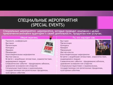 СПЕЦИАЛЬНЫЕ МЕРОПРИЯТИЯ (SPECIAL EVENTS) Специальные мероприятия –мероприятия, которые проводит компания с