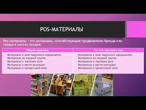 POS-МАТЕРИАЛЫ Pos-материалы - это материалы, способствующие продвижению бренда или товара в местах продаж.