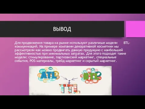 ВЫВОД Для продвижения товара на рынке используют различные модели BTL-коммуникаций. На