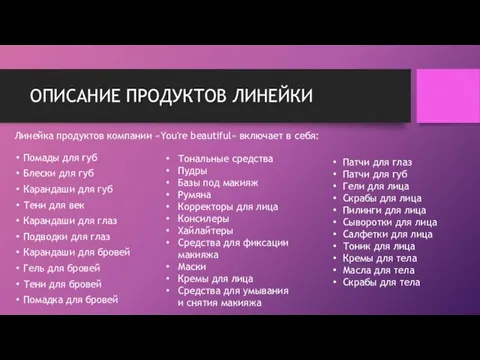 ОПИСАНИЕ ПРОДУКТОВ ЛИНЕЙКИ Помады для губ Блески для губ Карандаши для