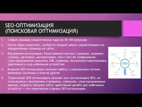 SEO-ОПТИМИЗАЦИЯ (ПОИСКОВАЯ ОПТИМИЗАЦИЯ) Собрать базовое семантическое ядро на 35-150 запросов; После