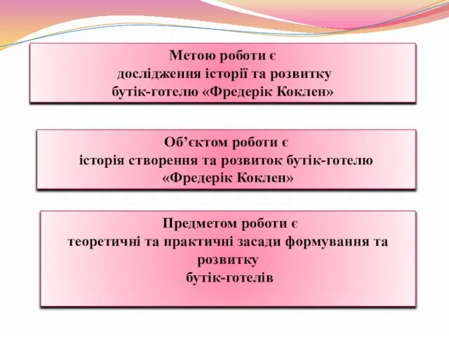 Метою роботи є дослідження історії та розвитку бутік-готелю «Фредерік Коклен» Об’єктом