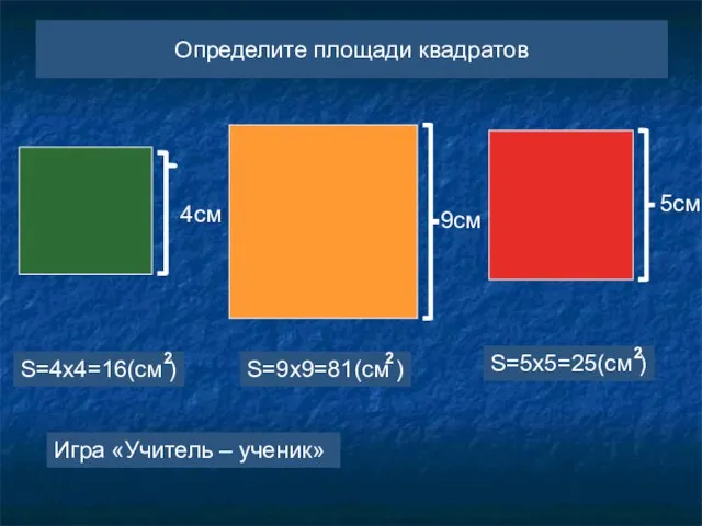 Определите площади квадратов 4см 9см 5см S=4х4=16(см ) 2 S=9х9=81(см )