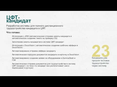 ЦФТ- кандидат Кандидата уже прошли тестовое трудоустройство через систему 23 Разработка