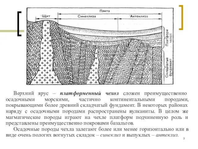 Верхний ярус – платформенный чехол сложен преимущественно осадочными морскими, частично континентальными