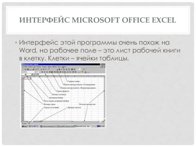 ИНТЕРФЕЙС MICROSOFT OFFICE EXCEL Интерфейс этой программы очень похож на Word,