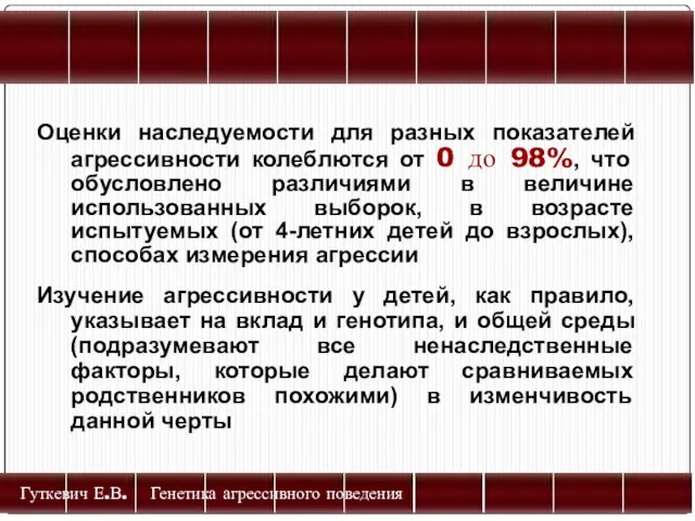 Гуткевич Е.В. Генетика агрессивного поведения Оценки наследуемости для разных показателей агрессивности