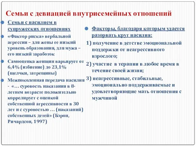 Семьи с девиацией внутрисемейных отношений Семьи с насилием в супружеских отношениях