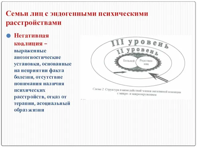 Семьи лиц с эндогенными психическими расстройствами Негативная коалиция – выраженные анозогностические