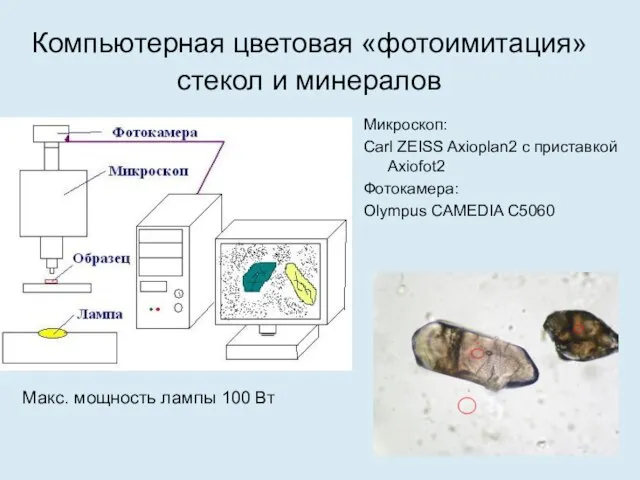 Компьютерная цветовая «фотоимитация» стекол и минералов Микроскоп: Сarl ZEISS Axioplan2 с