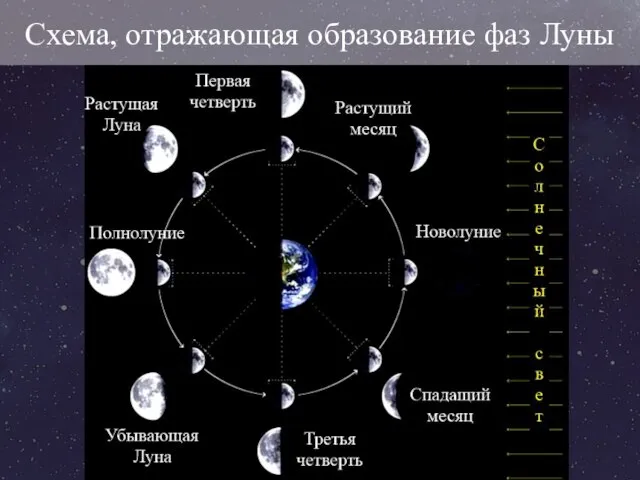 Схема, отражающая образование фаз Луны