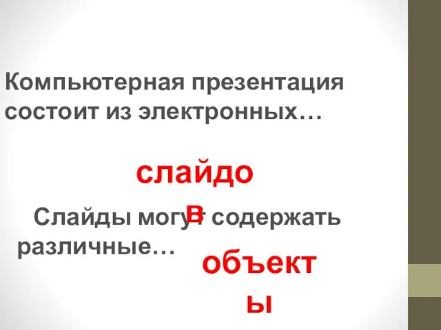 Компьютерная презентация состоит из электронных… Слайды могут содержать различные… слайдов объекты