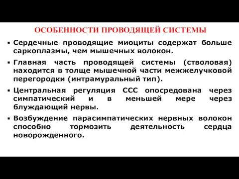 ОСОБЕННОСТИ ПРОВОДЯЩЕЙ СИСТЕМЫ Сердечные проводящие миоциты содержат больше саркоплазмы, чем мышечных