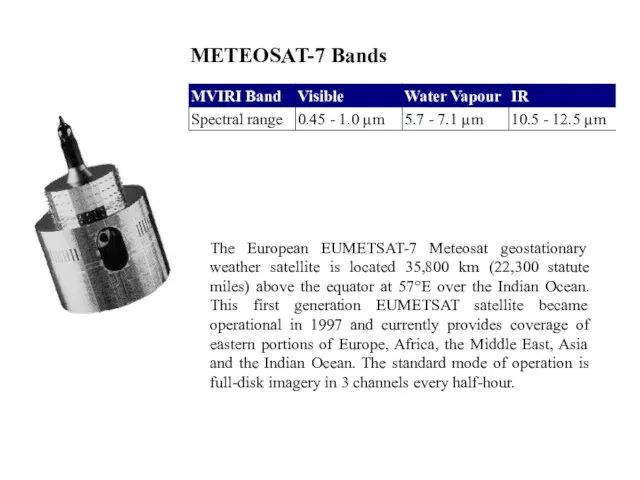 METEOSAT-7 Bands The European EUMETSAT-7 Meteosat geostationary weather satellite is located